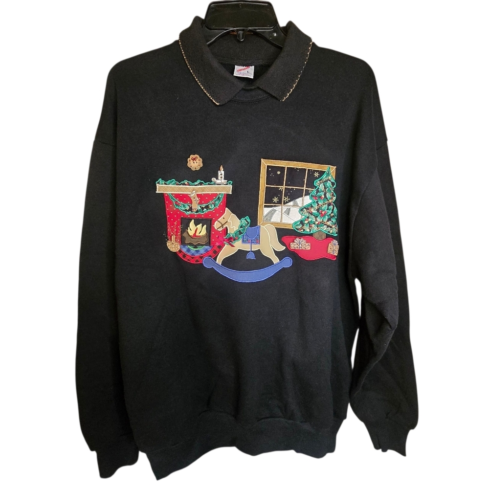 Vintage Jerzees Grandmacore Christmas Holiday Lagenlook Embroidered Sweatshirt L